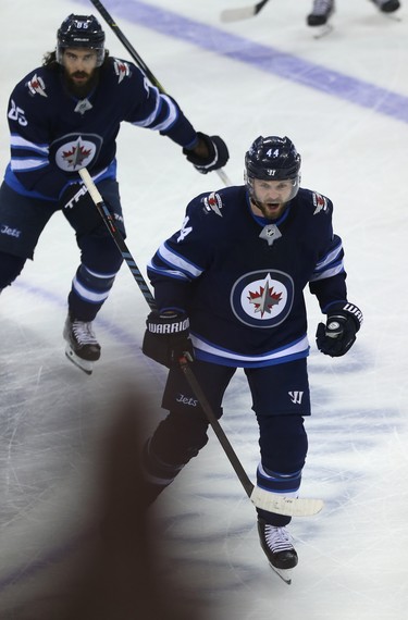 Winnipeg Jets defenceman Josh Morrissey celebrates his goal against the Vegas Golden Knights during Game 5 of the Western Conference final in Winnipeg on Sun., May 20, 2018. Kevin King/Winnipeg Sun/Postmedia Network