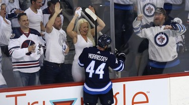 Winnipeg Jets defenceman Josh Morrissey celebrates his goal against the Vegas Golden Knights during Game 5 of the Western Conference final in Winnipeg on Sun., May 20, 2018. Kevin King/Winnipeg Sun/Postmedia Network