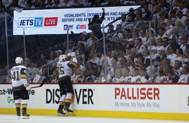 Vegas Golden Knights forward Ryan Reaves (centre) celebrates his goal against the Winnipeg Jets during Game 5 of the Western Conference final in Winnipeg on Sun., May 20, 2018. Kevin King/Winnipeg Sun/Postmedia Network