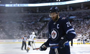 Winnipeg Jets forward Blake Wheeler focuses during a break in action in Game 5 of the Western Conference final against the Vegas Golden Knights in Winnipeg on Sun., May 20, 2018. Kevin King/Winnipeg Sun/Postmedia Network