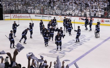 The Winnipeg Jets salute their fans after falling to the Vegas Golden Knights in the Western Conference final in Winnipeg on Sun., May 20, 2018. Kevin King/Winnipeg Sun/Postmedia Network