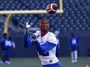 Wide receiver Adarius Bowman pulls in a pass during Winnipeg Blue Bombers training camp at Investors Group Field on Mon., May 21, 2018. Kevin King/Winnipeg Sun/Postmedia Network