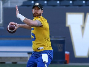 Quarterback Matt Nichols winds up to throw during Winnipeg Blue Bombers training camp at Investors Group Field on Mon., May 21, 2018. Nichols left practice after being hurt on June 6, 2018. Kevin King/Winnipeg Sun