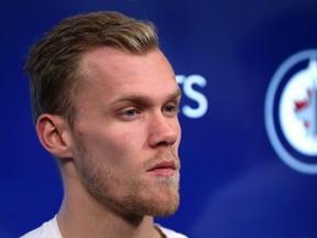 Nikolaj Ehlers considers a question during the Winnipeg Jets final media availability at Bell MTS Place in Winnipeg on Tues., May 22, 2018. Kevin King/Winnipeg Sun/Postmedia Network