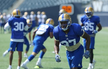 Defensive back Brandon Alexander gets after the ball during Winnipeg Blue Bombers training camp at Investors Group Field in Winnipeg on Wed., May 23, 2018. Kevin King/Winnipeg Sun/Postmedia Network