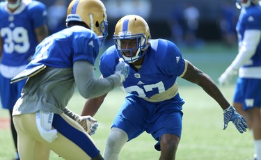 Defensive back Brandon Alexander closes in on a tackle during a drill at Winnipeg Blue Bombers training camp at Investors Group Field in Winnipeg on Wed., May 23, 2018. Kevin King/Winnipeg Sun/Postmedia Network