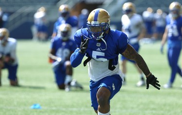 Defensive back Brian Walker races downfield during a special teams drill at Winnipeg Blue Bombers training camp at Investors Group Field in Winnipeg on Wed., May 23, 2018. Kevin King/Winnipeg Sun/Postmedia Network