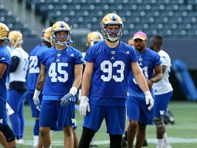 Defensive lineman Craig Roh (right) observes during Winnipeg Blue Bombers training camp at Investors Group Field in Winnipeg on Wed., May 23, 2018. Kevin King/Winnipeg Sun/Postmedia Network