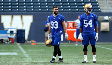 Defensive linemen Craig Roh (left) and Tristan Okpalaugo are all smiles during Winnipeg Blue Bombers training camp at Investors Group Field in Winnipeg on Wed., May 23, 2018. Kevin King/Winnipeg Sun/Postmedia Network