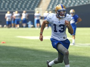 Receiver Rashaun Simonise hustles downfield during a special teams drill at Winnipeg Blue Bombers training camp.
