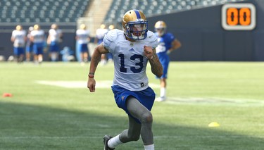 Receiver Rashaun Simonise hustles downfield during a special teams drill at Winnipeg Blue Bombers training camp at Investors Group Field in Winnipeg on Wed., May 23, 2018. Kevin King/Winnipeg Sun/Postmedia Network