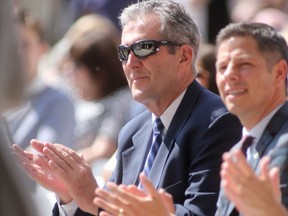 Manitoba Premier, Brian Pallister (left), and Winnipeg Mayor Brian Bowman were among the attendees at a ground breaking for the Inuit Art Cantre, in Winnipeg today.  Friday, May 25, 2018.   Sun/Postmedia Network