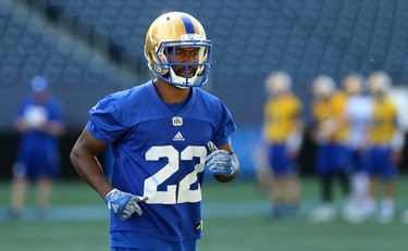 Chandler Fenner comes off the field during Winnipeg Blue Bombers training camp at Investors Group Field in Winnipeg on Mon., May 28, 2018. Kevin King/Winnipeg Sun/Postmedia Network