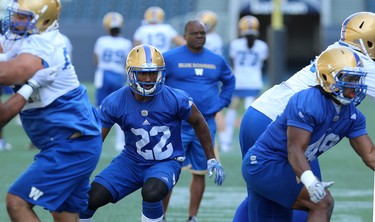 Chandler Fenner fills a defensive gap during Winnipeg Blue Bombers training camp at Investors Group Field in Winnipeg on Mon., May 28, 2018. Kevin King/Winnipeg Sun/Postmedia Network