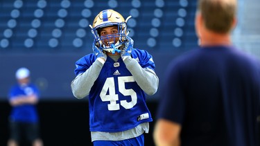 Jovan Santos-Knox is all smiles during Winnipeg Blue Bombers training camp at Investors Group Field in Winnipeg on Mon., May 28, 2018. Kevin King/Winnipeg Sun/Postmedia Network