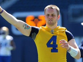 Quarterback Zack Mahoney goes through the motions during Winnipeg Blue Bombers training camp on Monday.