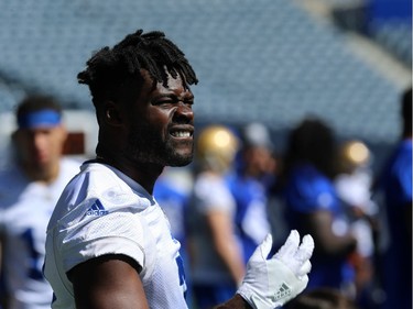 Kenbrell Thompkins watches Winnipeg Blue Bombers training camp in bright sunshine at Investors Group Field in Winnipeg on Mon., May 28, 2018. Kevin King/Winnipeg Sun/Postmedia Network