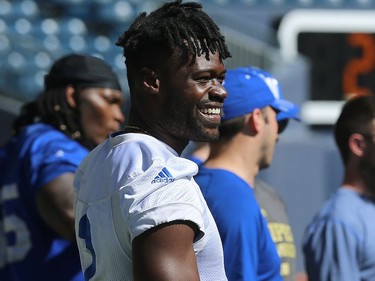Kenbrell Thompkins smiles during Winnipeg Blue Bombers training camp at Investors Group Field in Winnipeg on Mon., May 28, 2018. Kevin King/Winnipeg Sun/Postmedia Network
