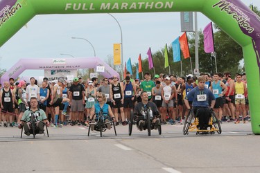 Wheelchair athletes at the start line of the full marathon wheelchair event at the 40th annual Manitoba Marathon in Winnipeg, Man., on Sunday, June 17, 2018. (Brook Jones/Postmedia Network)