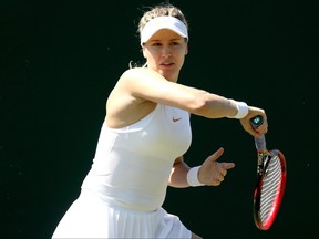 Eugenie Bouchard returns a shot during her ladies singles qualifying match against Karolina Muchova of Czech Republic on Day Three of Wimbledon Qualiifying on June 27, 2018 at the Bank of England Sports Centre in London. (Matthew Stockman/Getty Images)