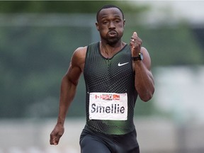 Gavin Smellie, of Maple, Ont., races to a first-place finish during the men's 200 metre race at the Harry Jerome International Track Classic, in Burnaby, B.C., on Wednesday, June 27, 2018.