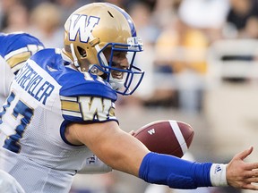 Blue Bombers quarterback Chris Streveler went 22-28 and threw three touchdown passes last night. (The Canadian Press)