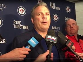 Jets general manager Kevin Cheveldayoff speaks to reporters on the first day of development camp at Bell MTS Iceplex on Tuesday.