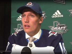 Winnipeg Jets 2018 second rounder David Gustafsson meets with reporters after being chosen with the 60th overall pick at the 2018 NHL Draft in Dallas on Saturday, June 23, 2018.