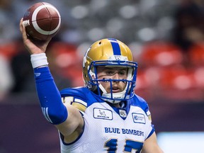 Winnipeg Blue Bombers quarterback Chris Streveler passes against the B.C. Lions during the second half of a pre-season CFL football game in Vancouver, on Friday June 8, 2018.
