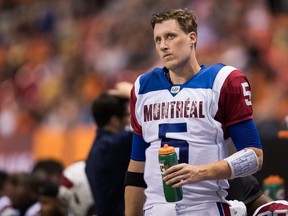 Montreal Alouettes quarterback Drew Willy stands on the sideline during the second half of a CFL football game against the B.C. Lions in Vancouver, on Saturday June 16, 2018. THE CANADIAN PRESS/Darryl Dyck ORG XMIT: VCRD126