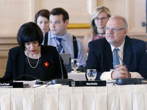 Ginette Petitpas Taylor, Federal Minister of Health and Kelvin Goetrzen, Manitoba Minister of Health, Seniors and Active Living are photographed during the Conferences of Federal - Provincial-Territorial Ministers of Health in Winnipeg, Friday, June 29, 2018.