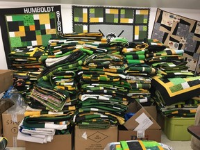 Stacks of donated Humboldt Broncos quilts sit waiting in Humboldt to be distributed to those impacted by the bus crash.