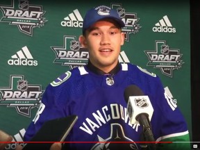 Winnipegger Jett Woo discusses being chosen by the Vancouver Canucks in the second round of the 2018 NHL Draft in Dallas on Saturday, June 23, 2018.