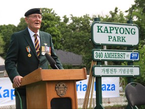 Retired Warrant Officer Ron Shephard, one of the last Kapyong Battle veterans in Manitoba, speaks at the ground breaking ceremony for the Kapyong Memorial at Kapyong Park in Winnipeg on Saturday.