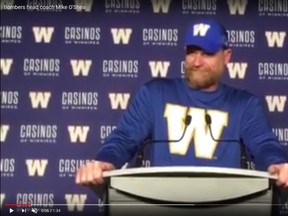 Screen grab of Bombers coach Mike O'Shea talking about Moe Leggett's possible return and the arrival of quarterback Mitchell Gale on Monday.
