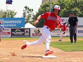 Goldeyes shortstop Andrew Sohn rounds third en route to score at Shaw Park Sunday in a 6-5 loss. (Dan LeMoal photo)