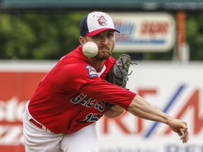 Winnipeg Goldeyes pitcher Brandon Bingel discovered that right-handed batters have trouble with his slider now that he throws sidearm. (DAVE MAHUSSIER/Winnipeg Goldeyes)