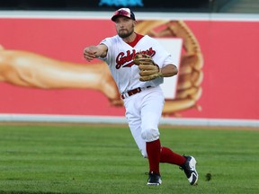 Winnipeg Goldeyes' Tucker Nathans throws a Gary SouthShore RailCats runner out at first base during American Association action in Winnipeg on Tues., June 12, 2018. (KEVIN KING/WINNIPEG SUN)