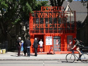 Downtown Winnipeg BIZ launched Pop-up Toilet, a new fully accessible two stall public washroom with a small retail kiosk, in Downtown Winnipeg on June 4, 2018. 
Danton Unger/Winnipeg Sun