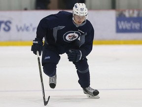 Kristian Vesalainen takes part in a skating drill during the Winnipeg Jets development camp at the Bell MTS Iceplex in Winnipeg on Mon., June 26, 2017. Kevin King/Winnipeg Sun/Postmedia Network ORG XMIT: POS1706261809411815