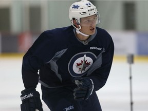 Kristian Vesalainen takes part in a skating drill during the Winnipeg Jets development camp at the Bell MTS Iceplex in Winnipeg on Mon., June 26, 2017. Kevin King/Winnipeg Sun/Postmedia Network