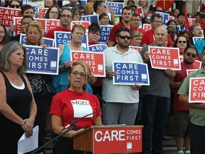 Manitoba Government and General Employees' Union (MGEU) president Michelle Gawronsky speaks during a Care Comes First rally at the Manitoba Legislative Building last September. The MGEU has launched attack ads against the Pallister government.