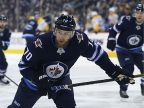 Winnipeg Jets defenceman Joe Morrow retreats for a puck against the Nashville Predators in Winnipeg on Sun., March 25, 2018. Kevin King/Winnipeg Sun/Postmedia Network