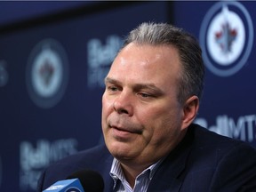 General manager Kevin Cheveldayoff considers a question during the Winnipeg Jets final media availability at Bell MTS Place in Winnipeg on Tues., May 22, 2018. Kevin King/Winnipeg Sun/Postmedia Network