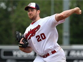 Winnipeg Goldeyes starting pitcher Kevin McGovern throws against the Lincoln Saltdogs during American Association baseball action at Shaw Park in Winnipeg on Thurs., May 31, 2018. Kevin King/Winnipeg Sun/Postmedia Network