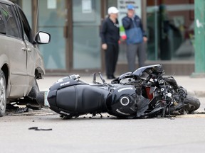 One person was taken to hospital with critical injuries after a motorcycle collided with a van on Portage Avenue on Saturday afternoon. He later died from his injuries.