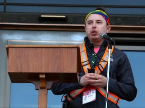 Pride Winnipeg president Jonathan Niemczak speaks during the 2018 Pride Day rally on the Manitoba Legislative Building grounds in Winnipeg on Sunday, June 3.