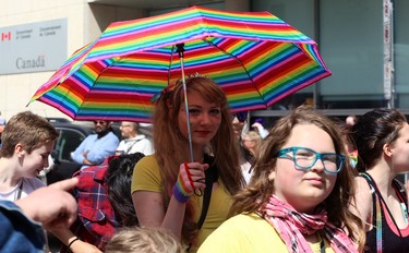 A rainbow umbrella in use during the Pride Day parade on York Avenue in Winnipeg on Sun., June 3, 2018. Kevin King/Winnipeg Sun/Postmedia Network