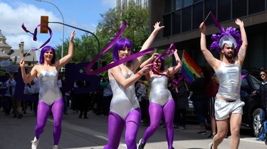 Dancers from Telus perform during the Pride Day parade on York Avenue in Winnipeg on Sun., June 3, 2018. Kevin King/Winnipeg Sun/Postmedia Network