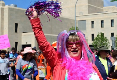 NDP MLA Bernadette Smith marches during the Pride Day parade on York Avenue in Winnipeg on Sun., June 3, 2018. Kevin King/Winnipeg Sun/Postmedia Network